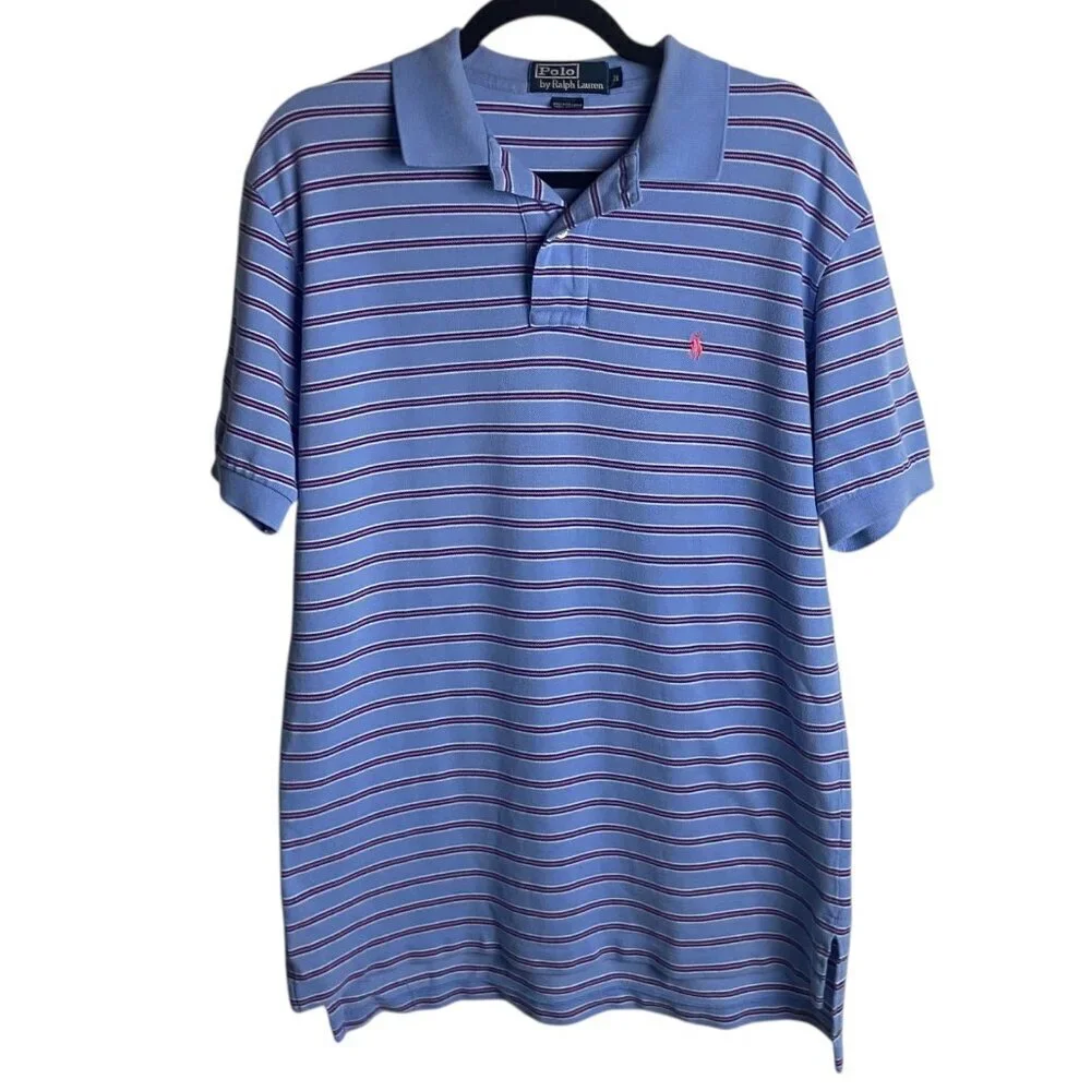 Polo Ralph Lauren Men's Size Medium Polo Shirt Blue Pink Stripes Preppy Office